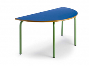 Mesa escolar para aula didáctica de formación con forma semicircular, una parte recta y otra redonda, estructura de tubo de acero y tablero de madera