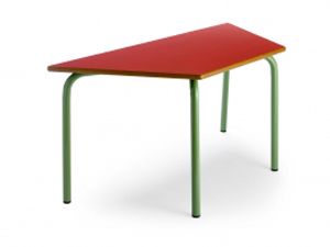 Mesa escolar para aula didáctica de formación con forma trapezoidal, estructura de tubo de acero y tablero de madera