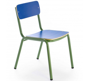 Silla infantil para aula didáctica de formación con diseño para pupitre, estructura de tubo de acero y respaldo y asiento de madera lacada en varios colores