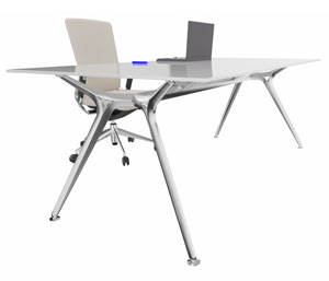 Mesa Arkitek con diseño vanguardista de estructura en aluminio blanco, negra o cromada y superficie en melamina blanca, negra o cristal blanco disponible en stock para envío Express