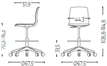 Medidas de la banqueta alta de diseño para oficina Noom 50 Actiu con base de 4 radios, ruedas y elevación a gas